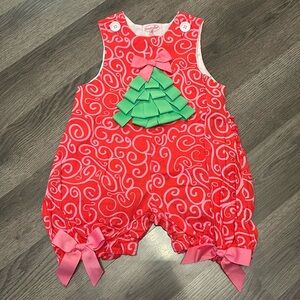 0-6m Baby Girl  Mud Pie Christmas Bubble pink tree ribbon